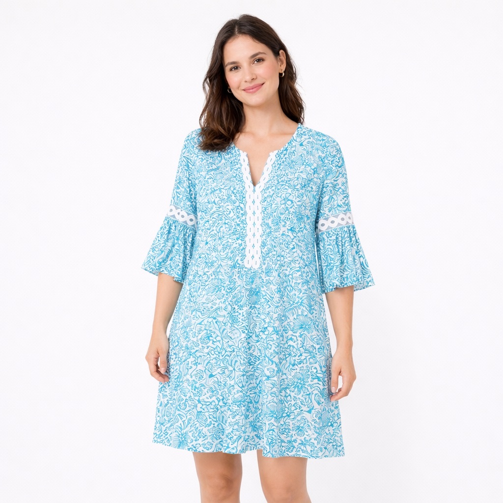Lilly Pulitzer Blue White Print Tunic Dress | Size Xxs | Bell Sleeve Shift